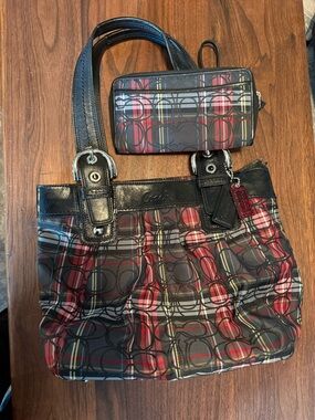 Coach Red and Black Plaid Tote with Matching Wallet